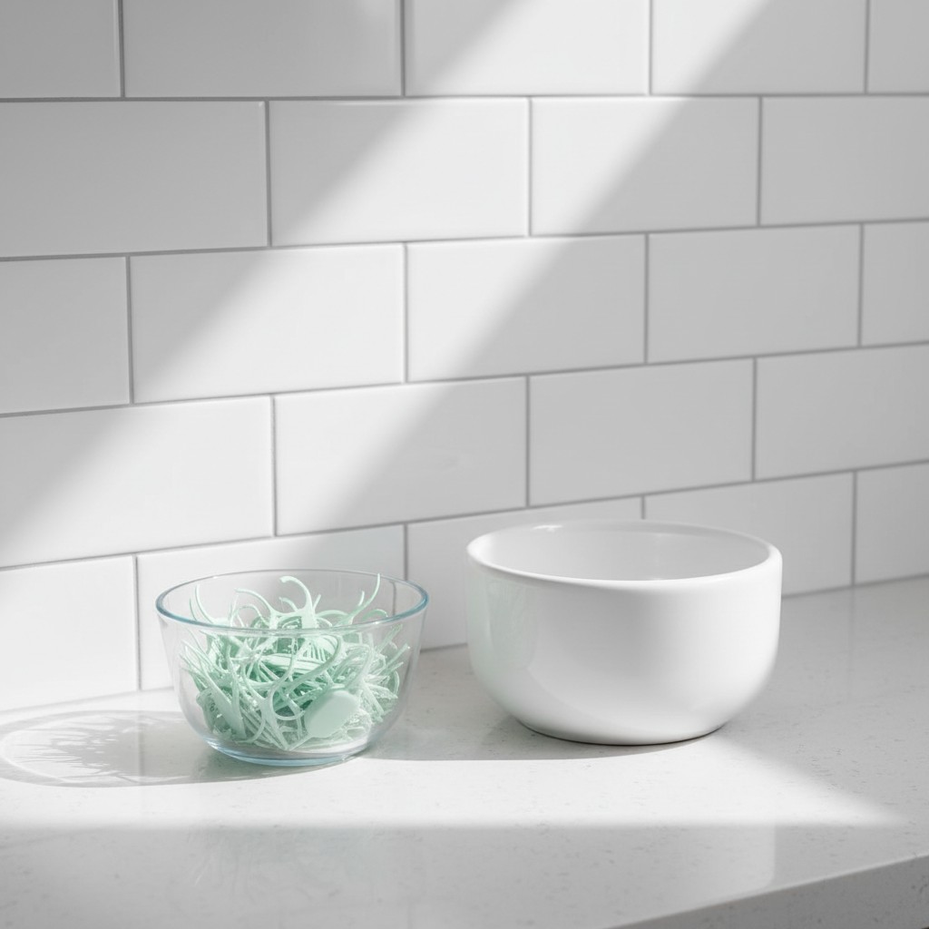 Two, small bowls on a kitchen counter with a shadow cast in the foreground.