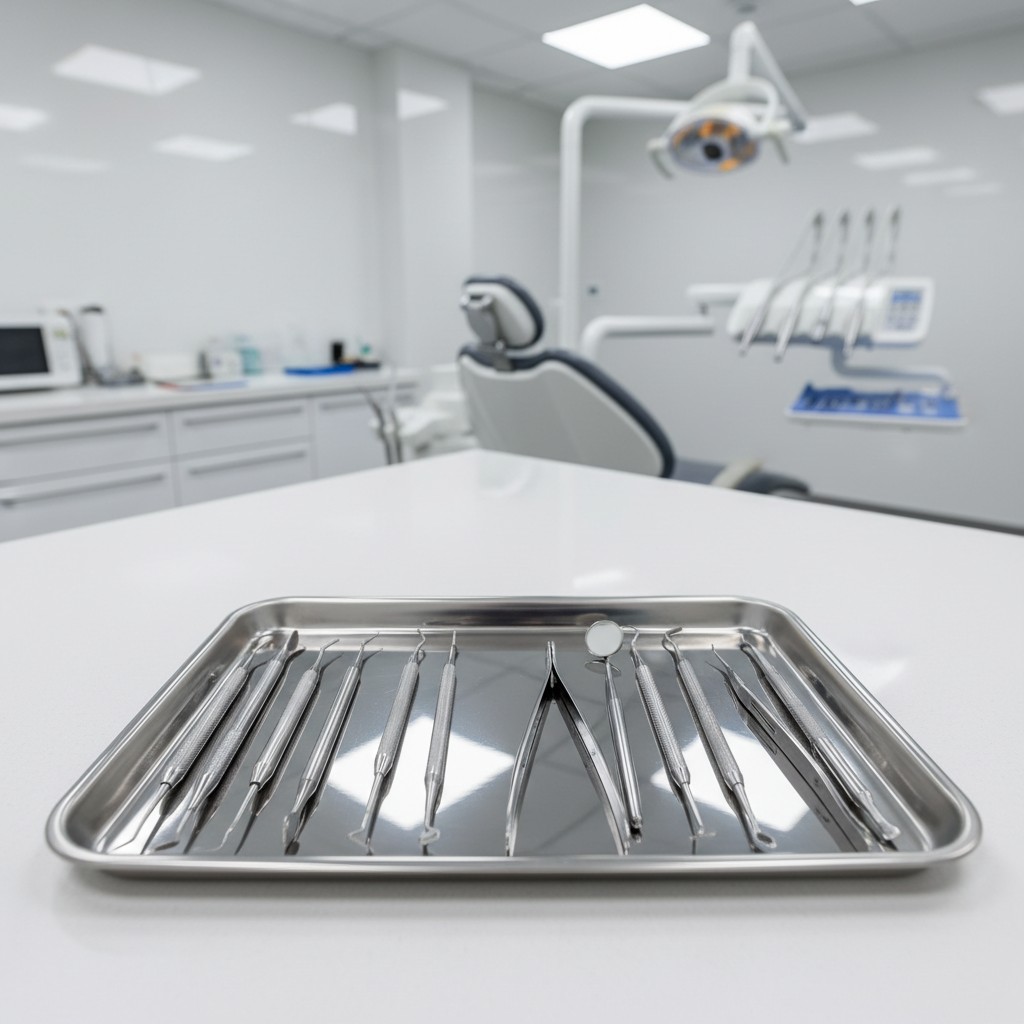 A set of dental tools on a silver tray in an out-of-focus clean and modern white dental clinic.
