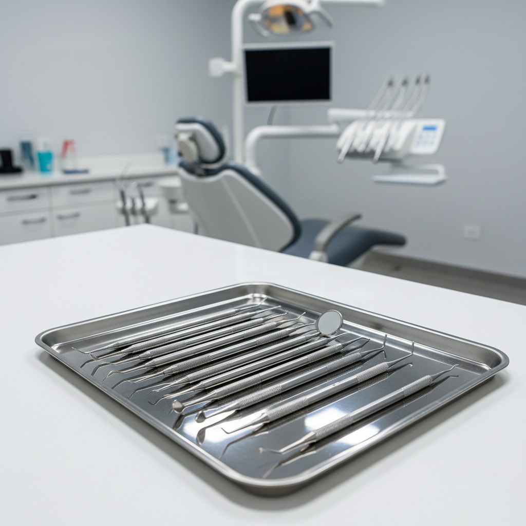Dentist office with dental tools in foreground.