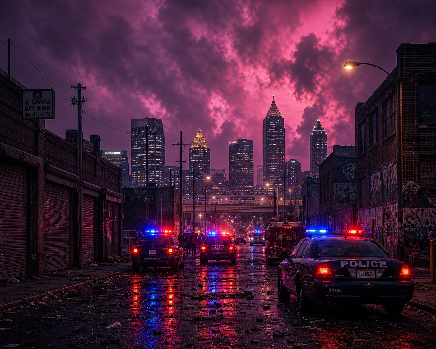 Atlanta skyline at night with police cars on a wet street