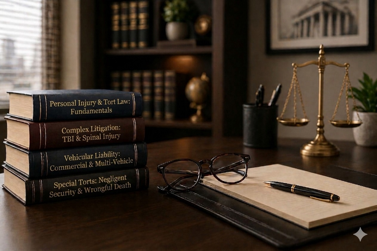 Personal injury law books, glasses and scales of justice on an attorney's desk